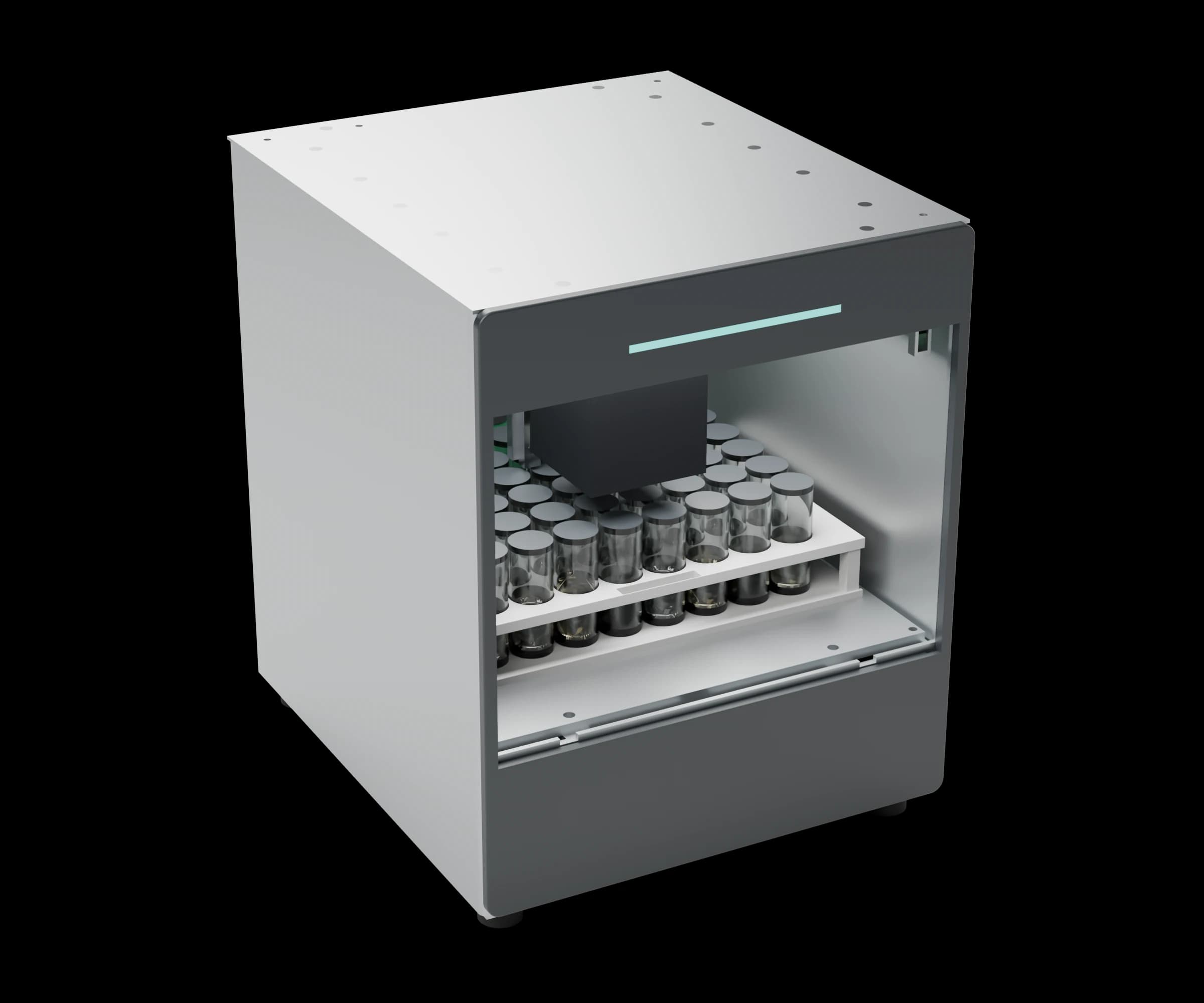Autosampler ohne Tür, mit Blick auf das Vial-Rack