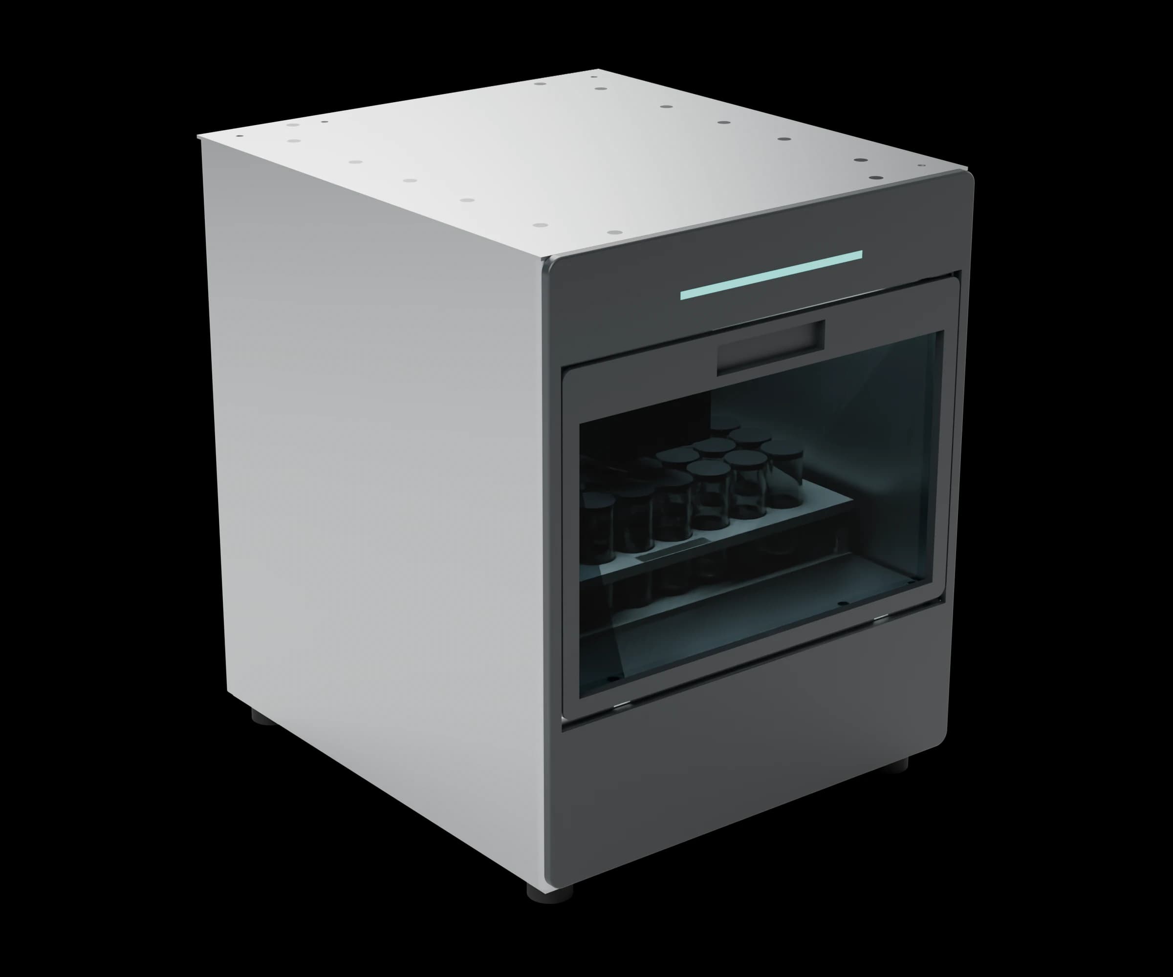 Elutrolab AS-48 autosampler, three-quarter front view with the teal status light bar lit
